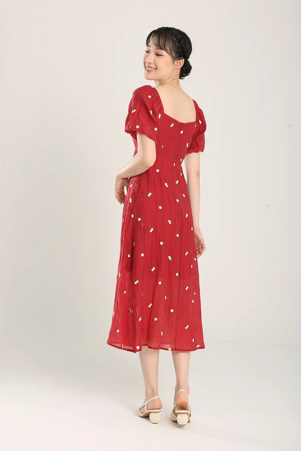 Sasha Floral Embroidered Dress in Red