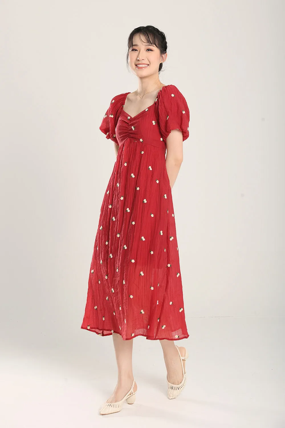 Sasha Floral Embroidered Dress in Red