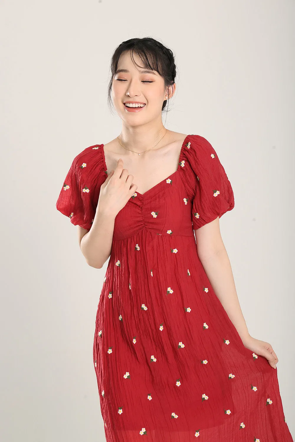 Sasha Floral Embroidered Dress in Red