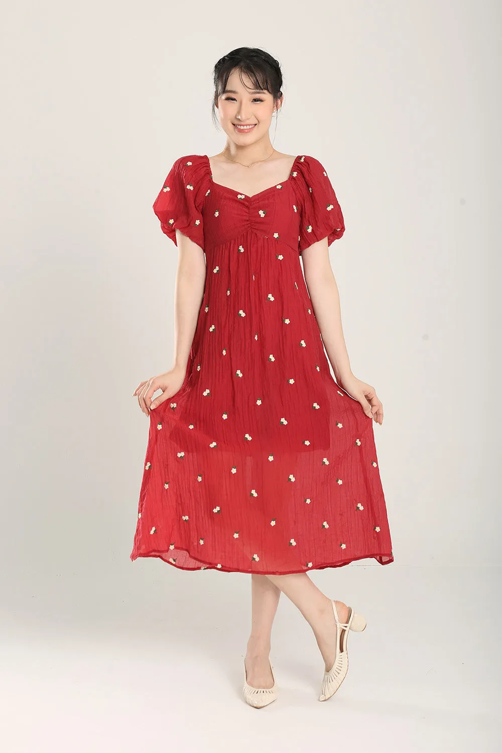 Sasha Floral Embroidered Dress in Red