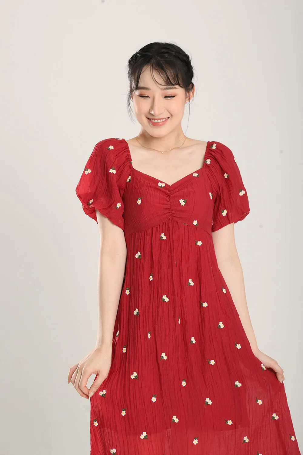 Sasha Floral Embroidered Dress in Red