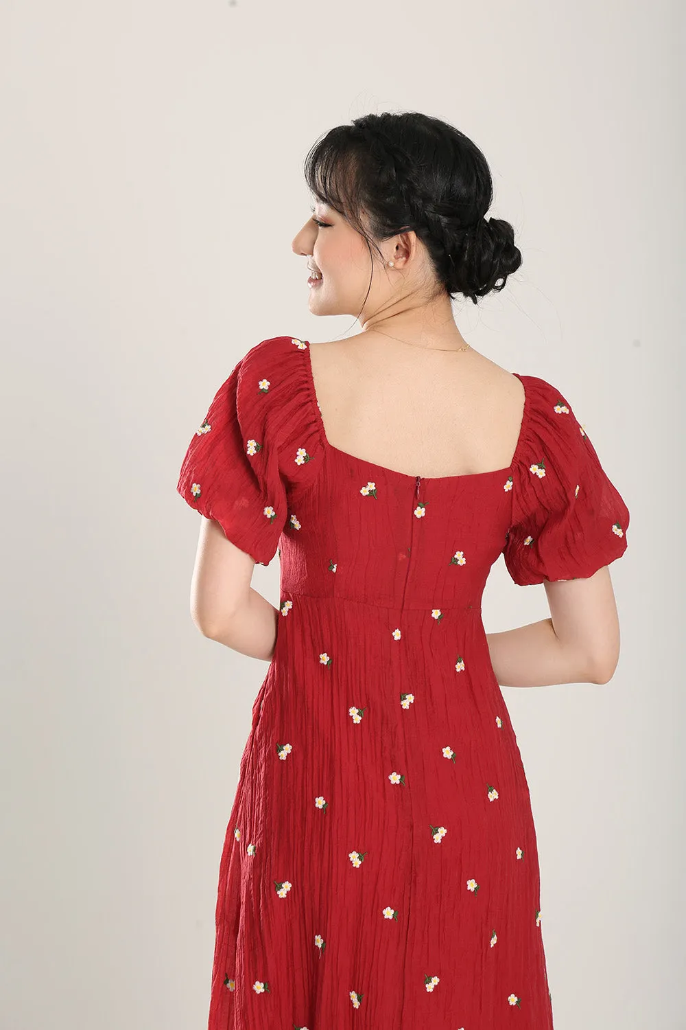 Sasha Floral Embroidered Dress in Red