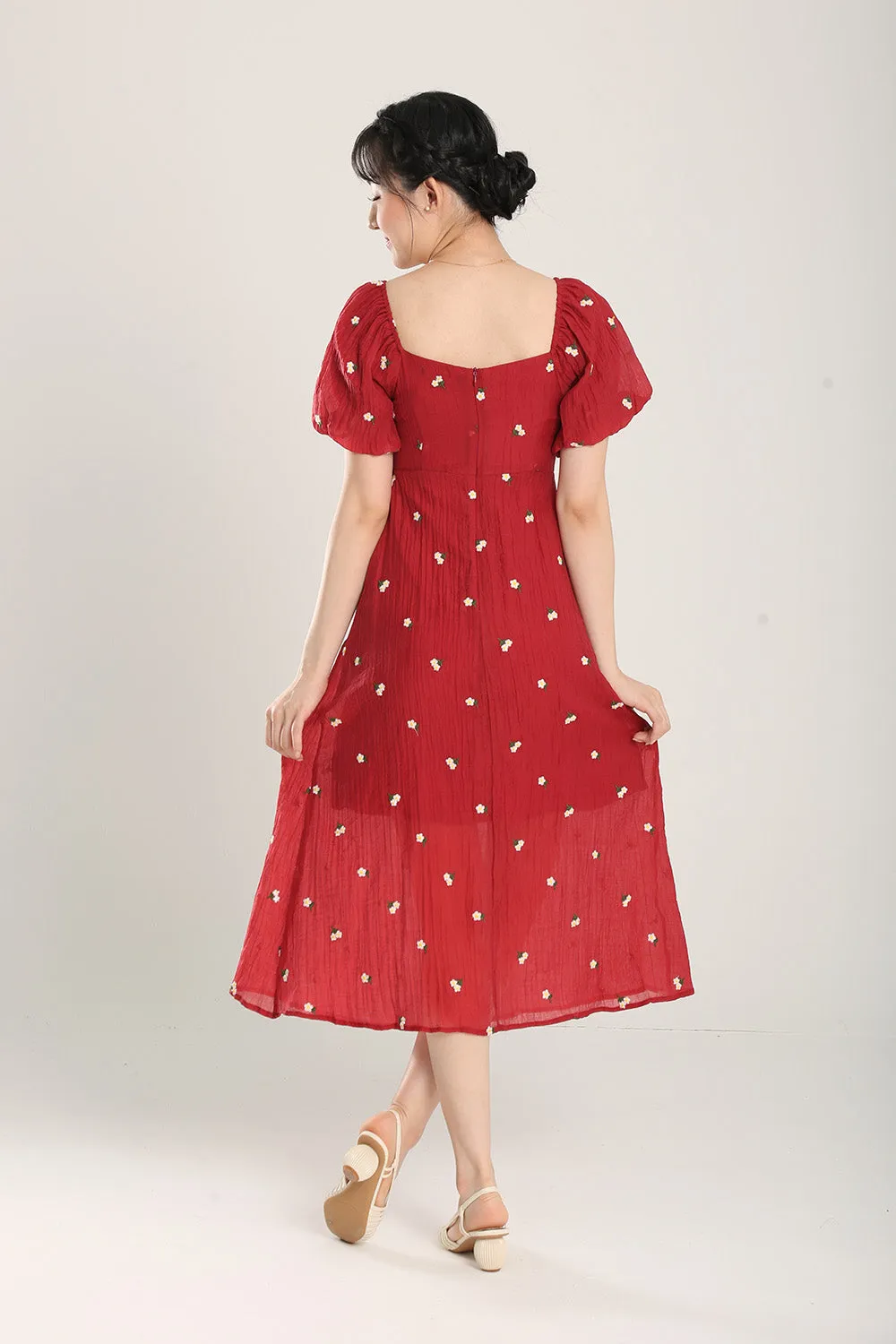 Sasha Floral Embroidered Dress in Red