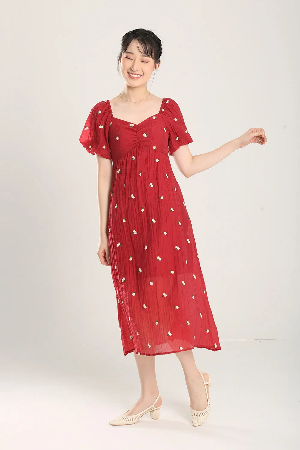 Sasha Floral Embroidered Dress in Red
