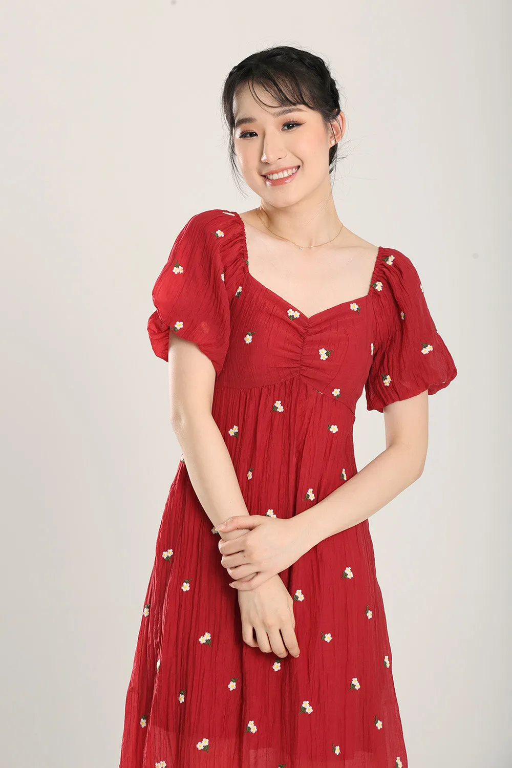 Sasha Floral Embroidered Dress in Red