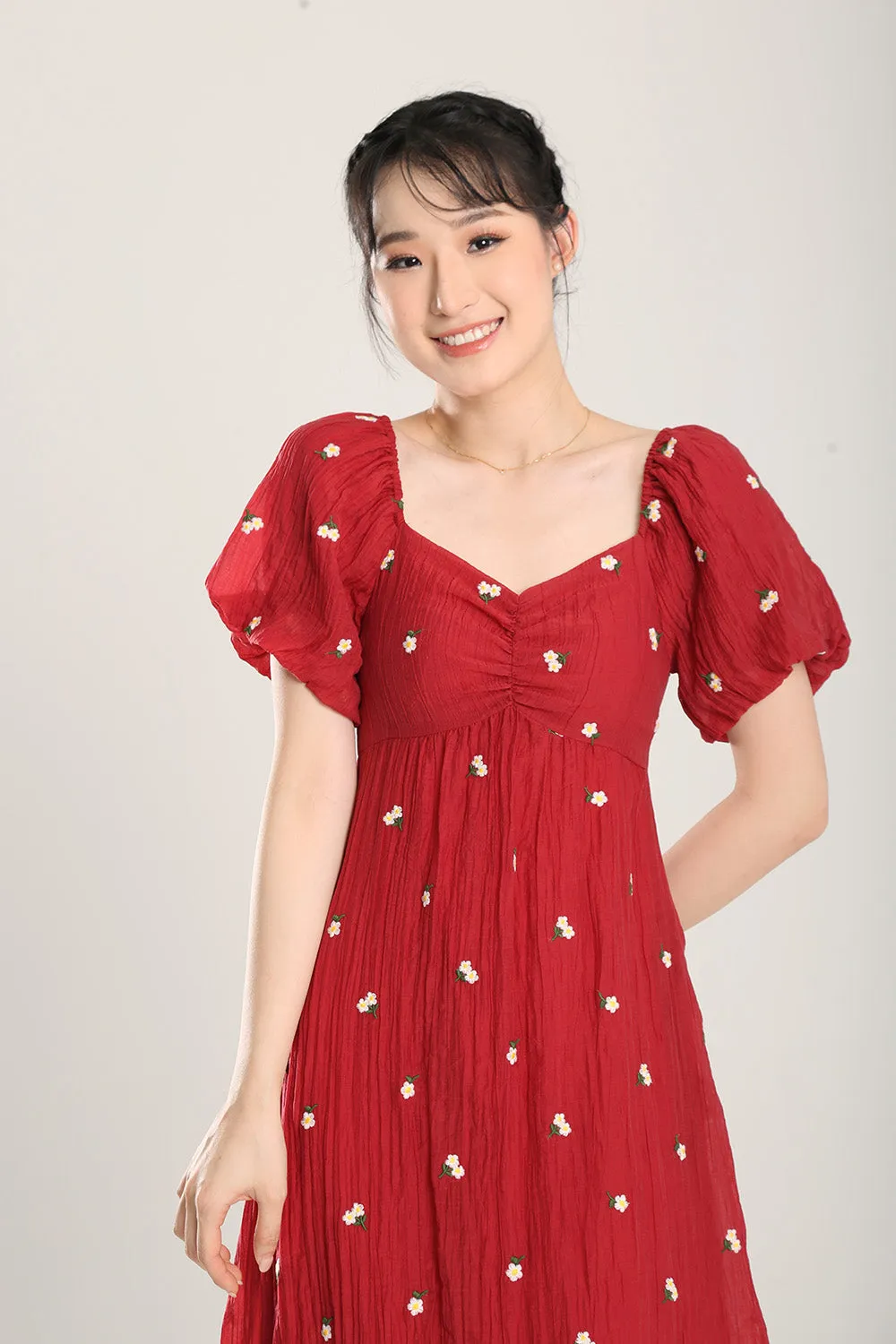 Sasha Floral Embroidered Dress in Red