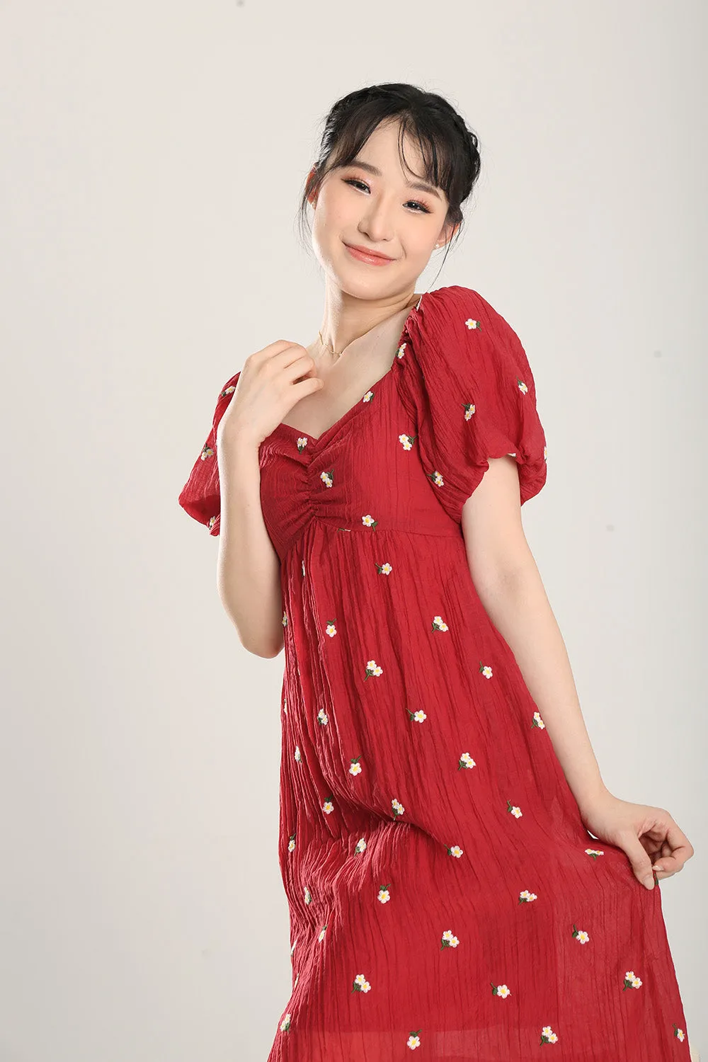Sasha Floral Embroidered Dress in Red