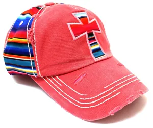 Serape Cross Patch on VINTAGE RED Distressed, Multi-Colored Hat