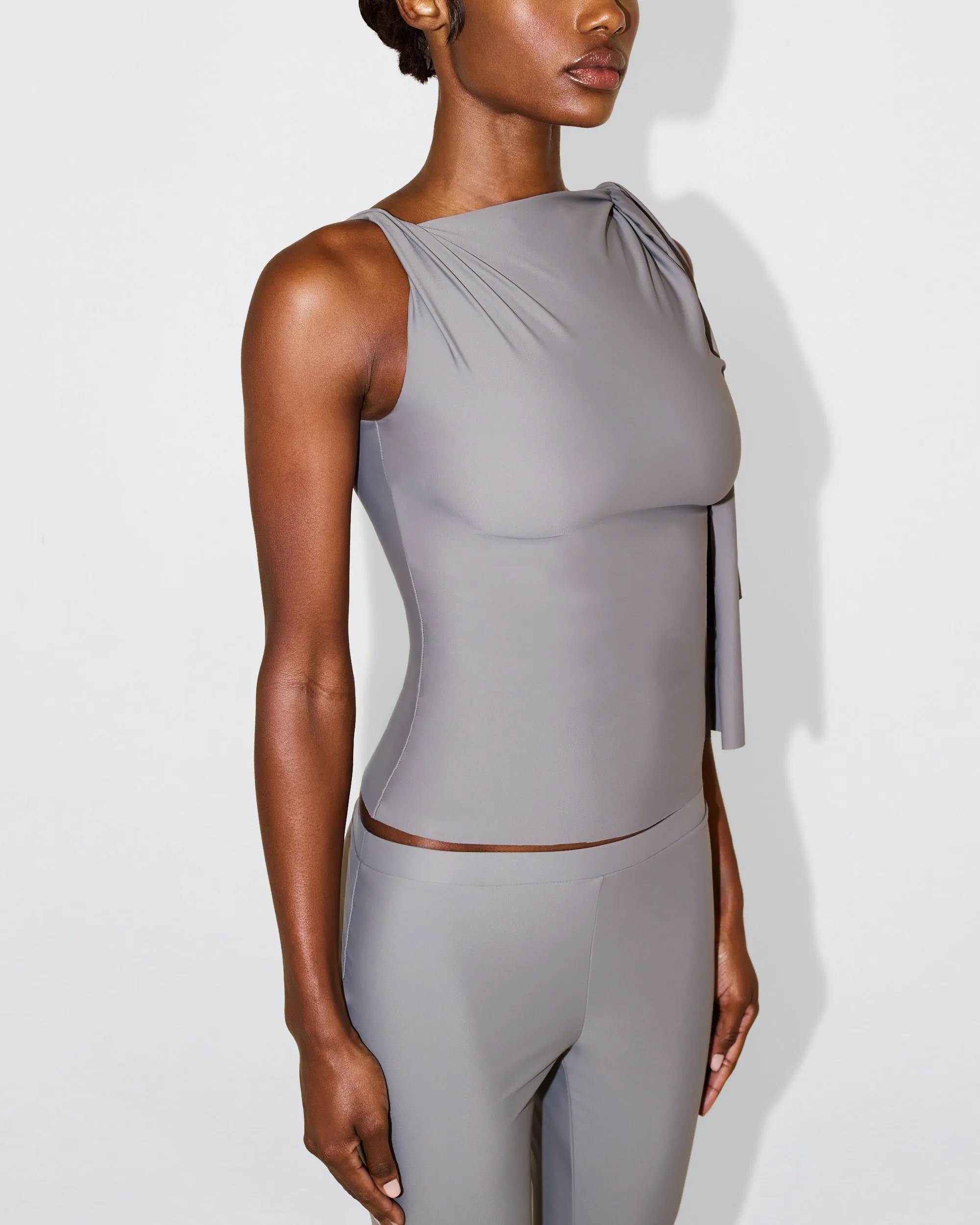 Sleek Stretch Knotted Top | Steel Grey
