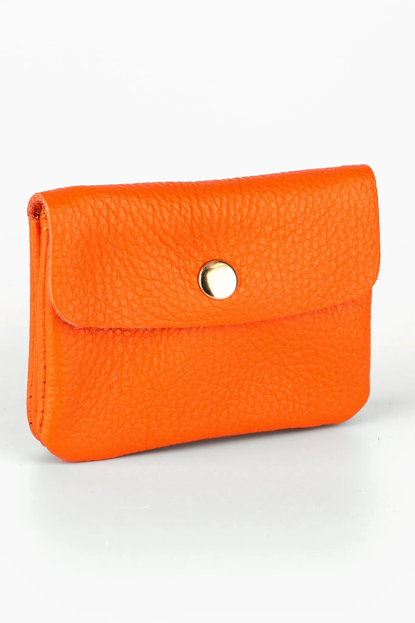 Small Italian Leather Coin Purse with Button Fastening and Internal Zip in Orange