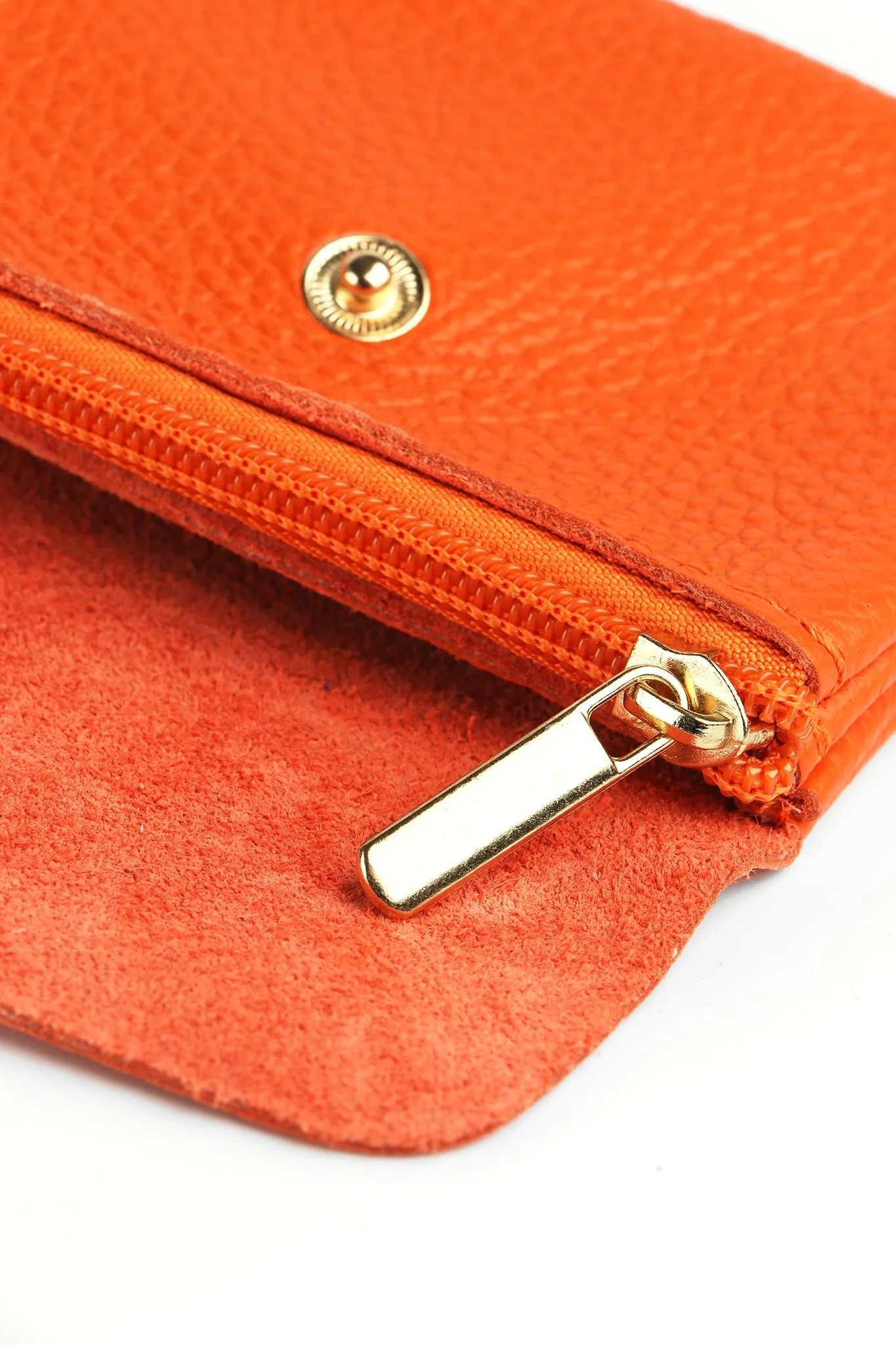 Small Italian Leather Coin Purse with Button Fastening and Internal Zip in Orange