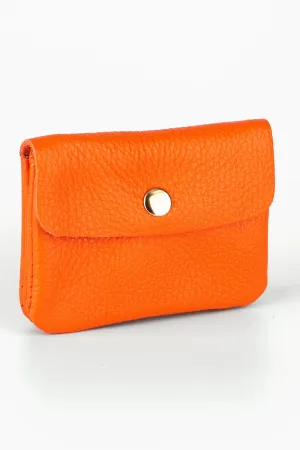 Small Italian Leather Coin Purse with Button Fastening and Internal Zip in Orange