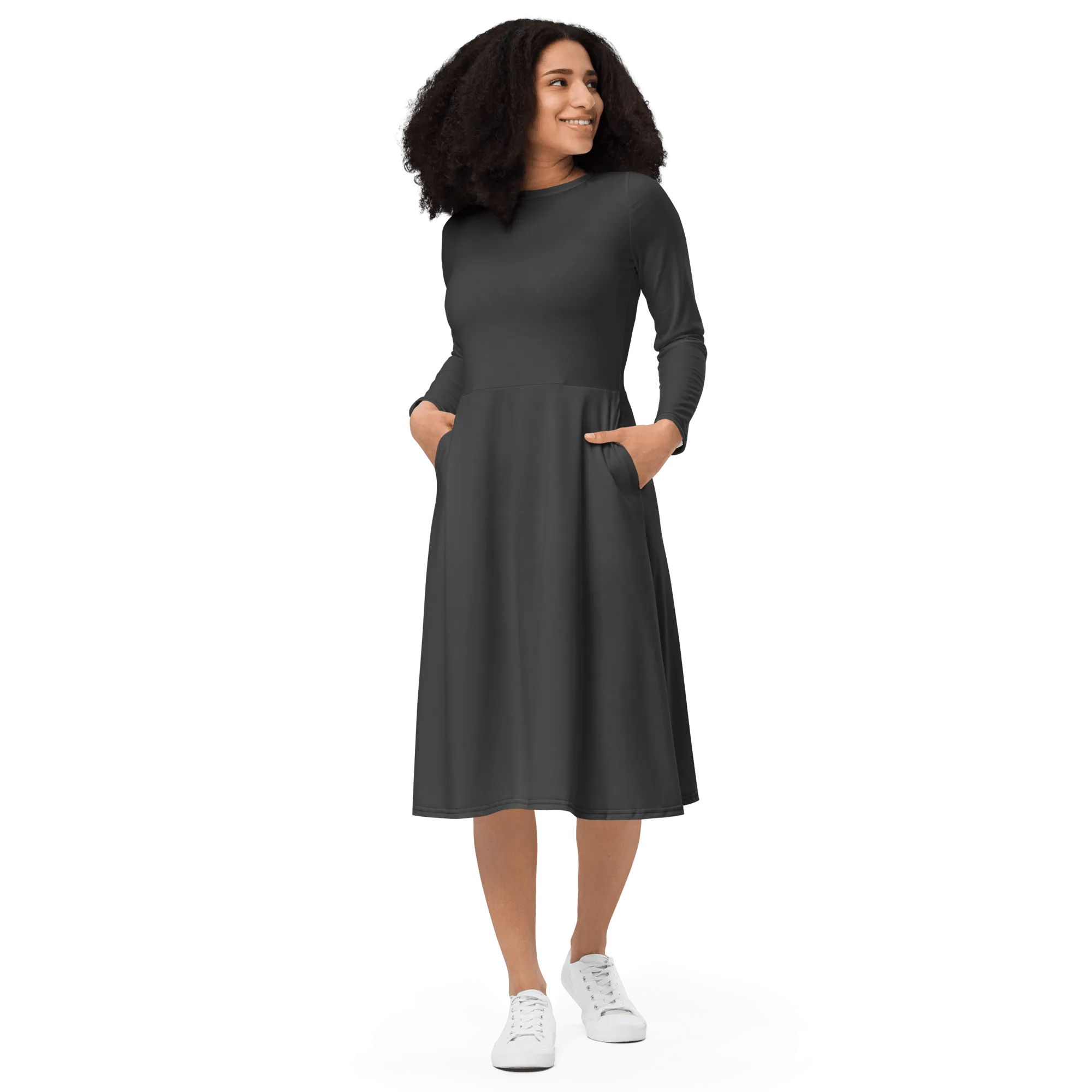 'Solid Grey' Long Sleeve Midi Dress