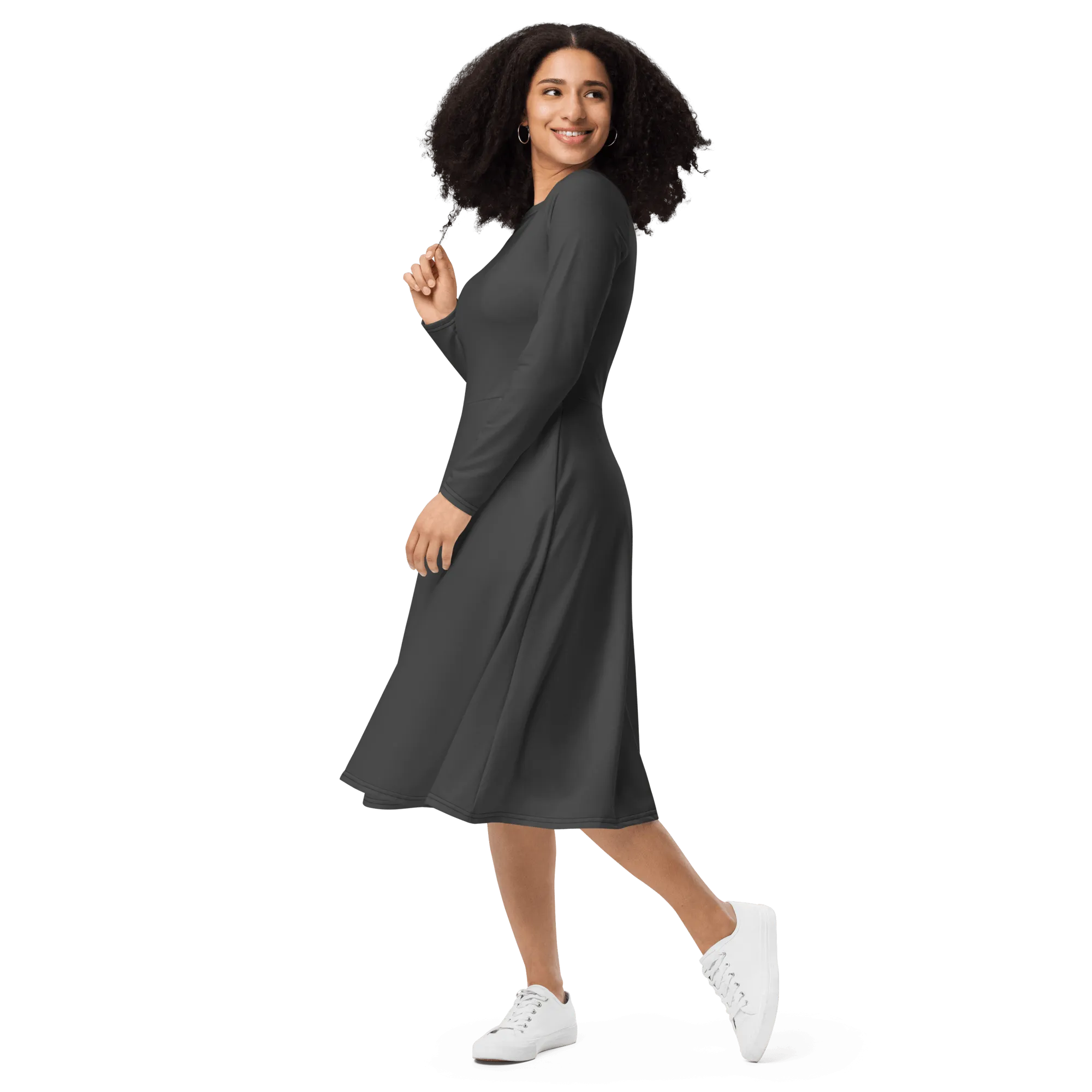 'Solid Grey' Long Sleeve Midi Dress