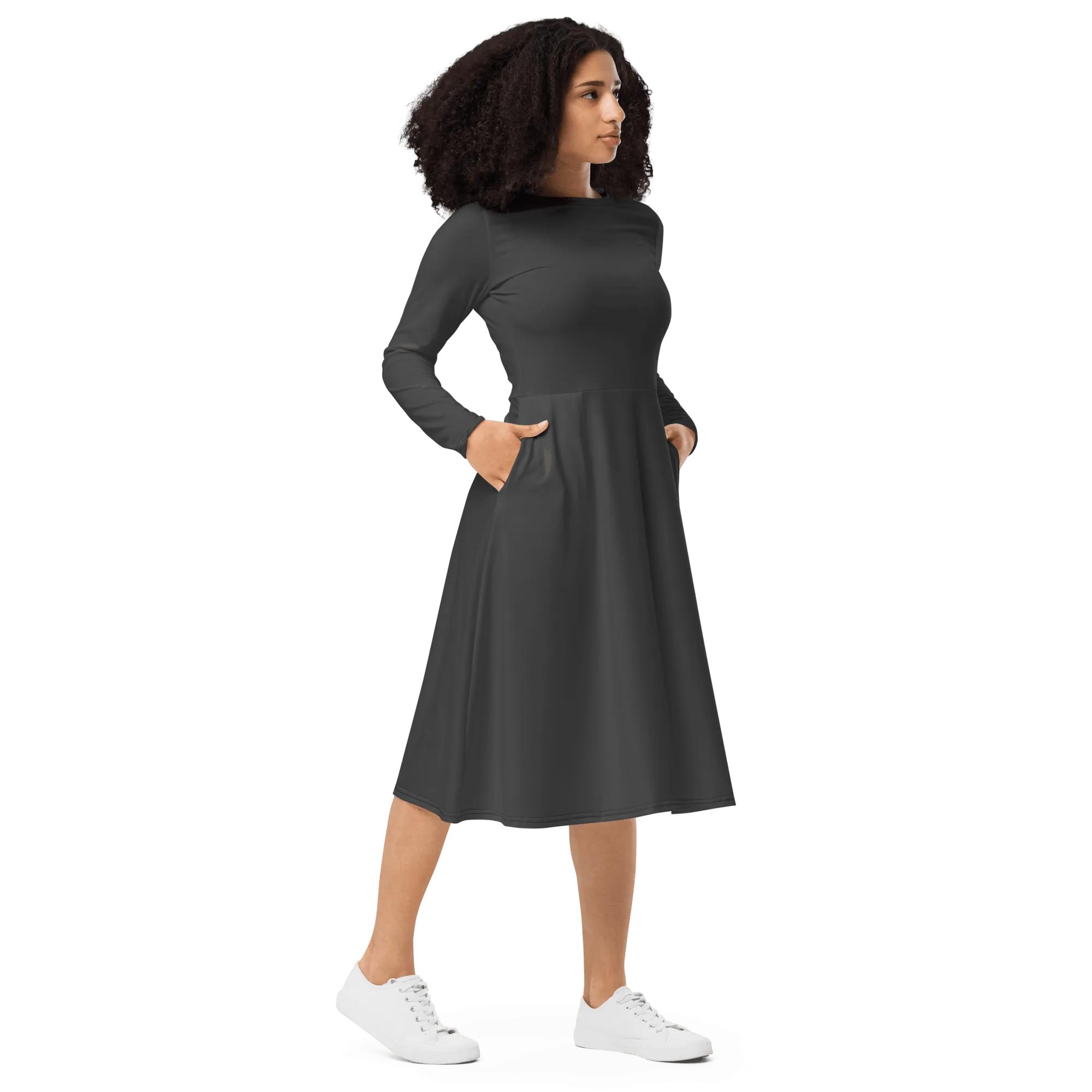 'Solid Grey' Long Sleeve Midi Dress