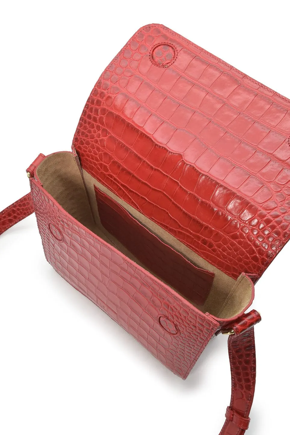 Square shoulder bag with printed red leather flap