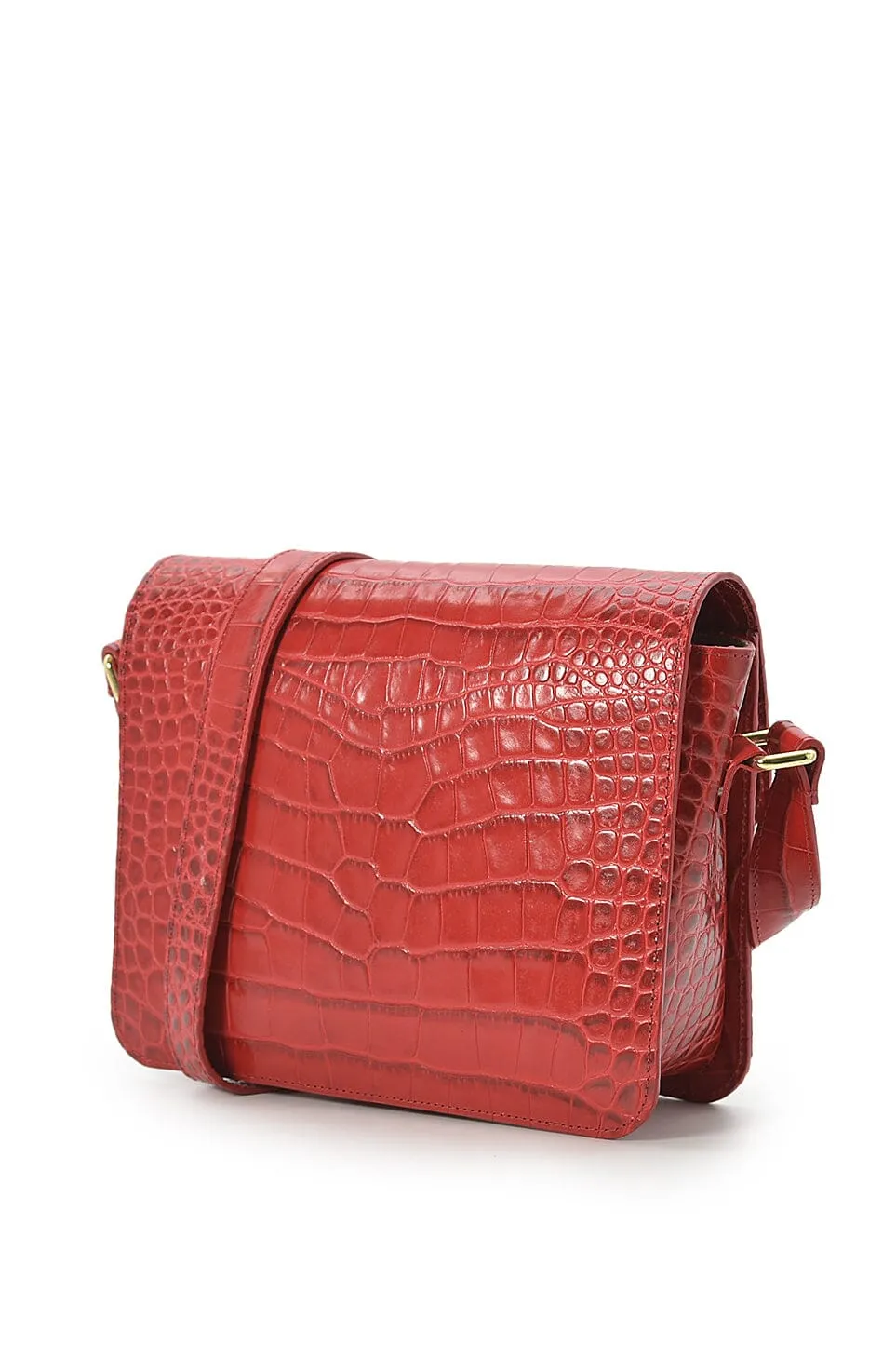 Square shoulder bag with printed red leather flap