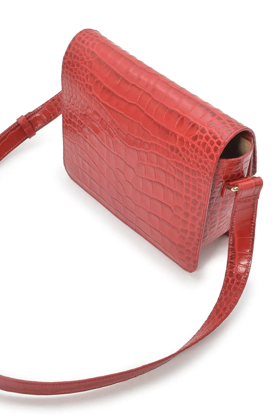 Square shoulder bag with printed red leather flap