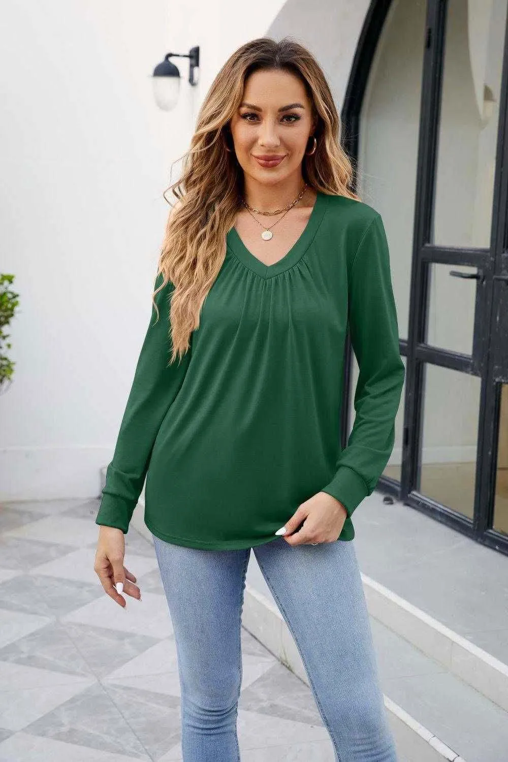 V Neck Ruched Long Sleeve Blouse - Casual & Stylish Wear