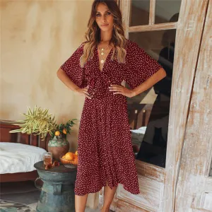 VenusFox summer casual Short Sleeve V Neck Wrap Boho Dress