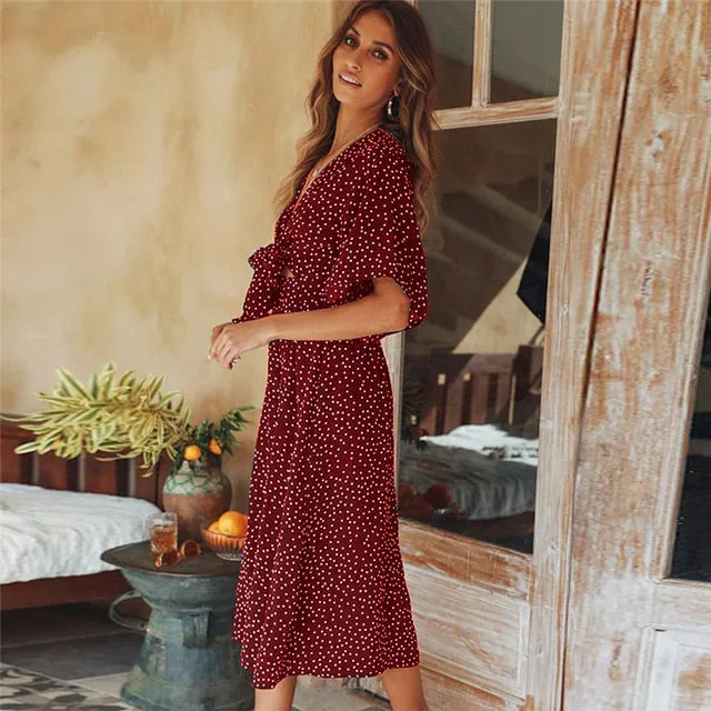 VenusFox summer casual Short Sleeve V Neck Wrap Boho Dress