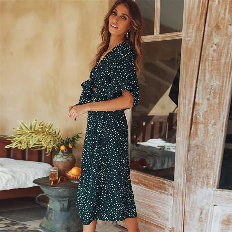 VenusFox summer casual Short Sleeve V Neck Wrap Boho Dress
