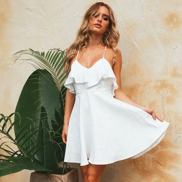 VenusFox Summer Straps Beach Chiffon Lace Up Ruffles Mini Dress