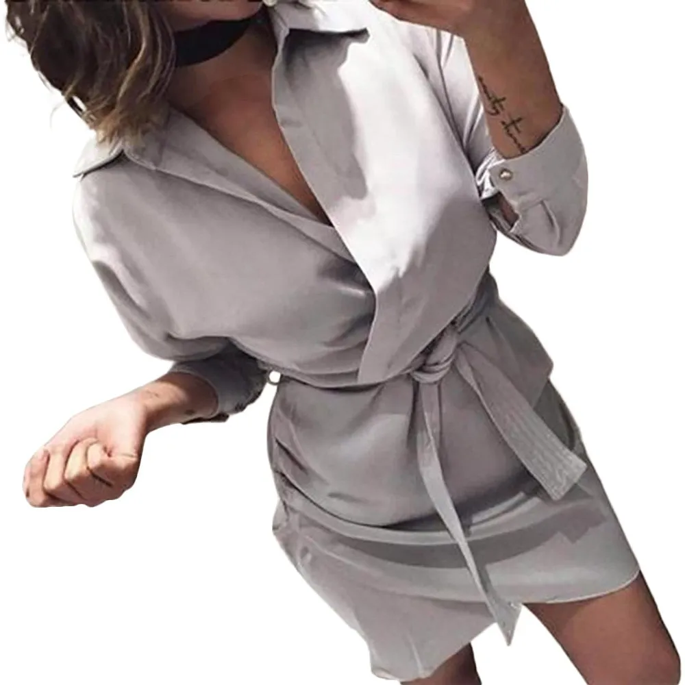 VenusFox Women Long Sleeve Turn-Down Collar High Street Shirt Dress Belt 4 Color