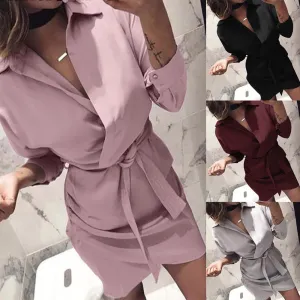 VenusFox Women Long Sleeve Turn-Down Collar High Street Shirt Dress Belt 4 Color