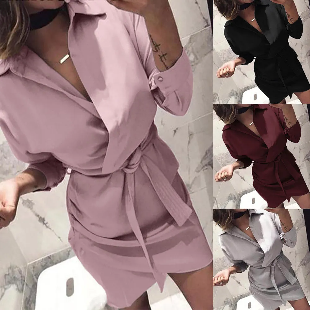 VenusFox Women Long Sleeve Turn-Down Collar High Street Shirt Dress Belt 4 Color