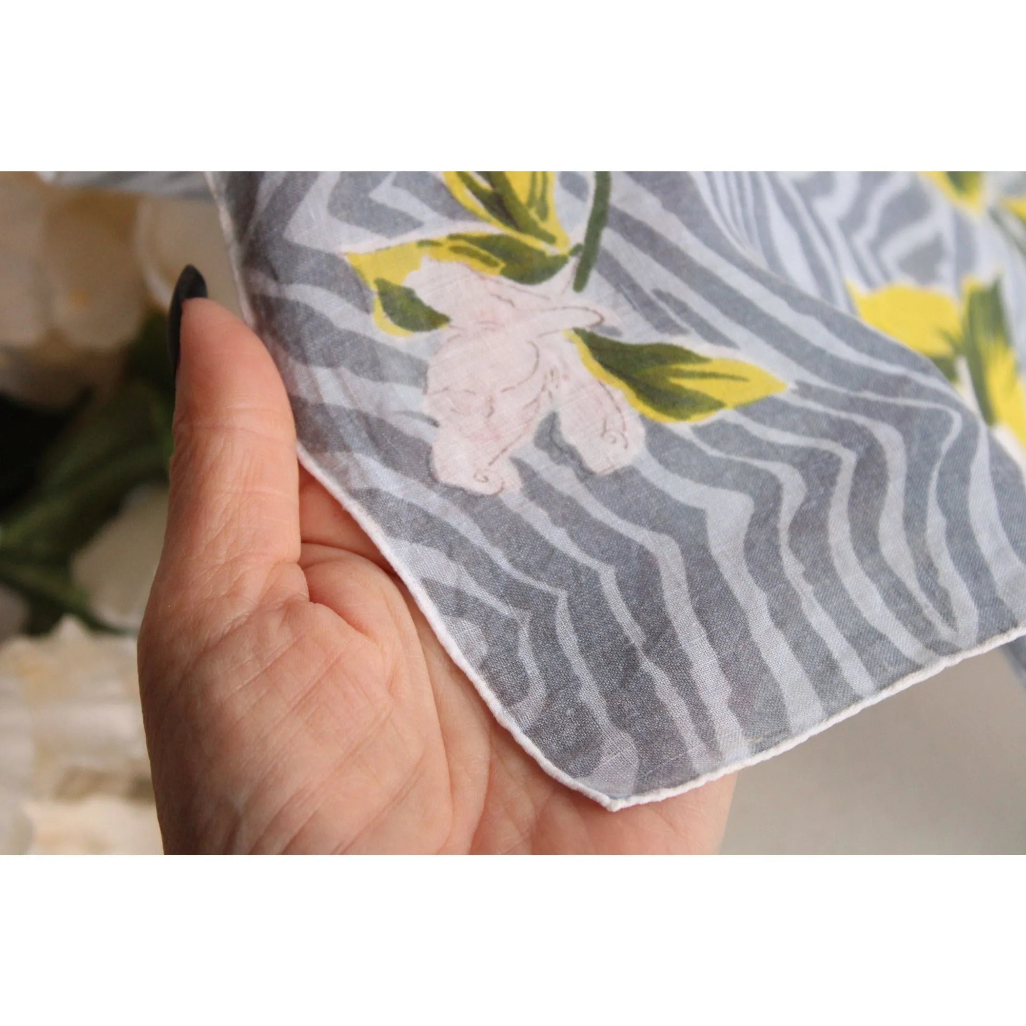 Vintage 1950s 1960s  Zebra Print and White Floral Handkerchief
