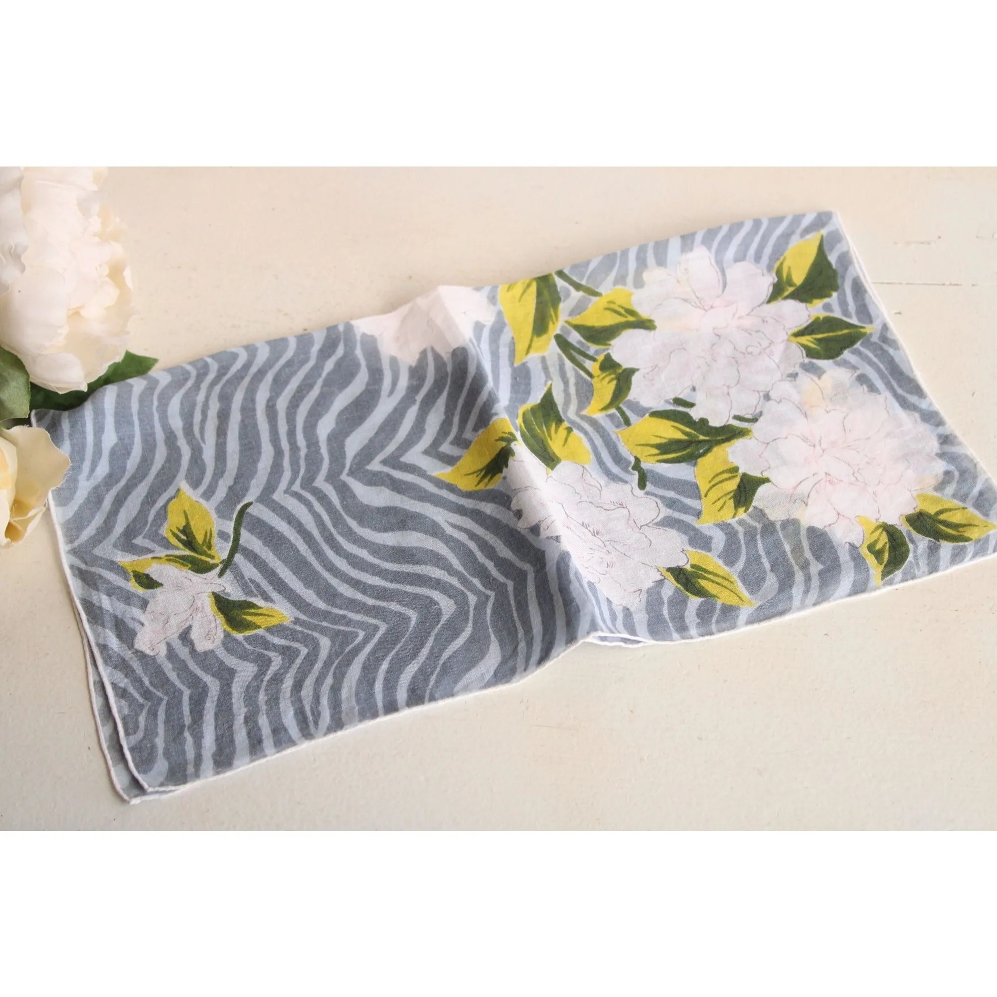 Vintage 1950s 1960s  Zebra Print and White Floral Handkerchief