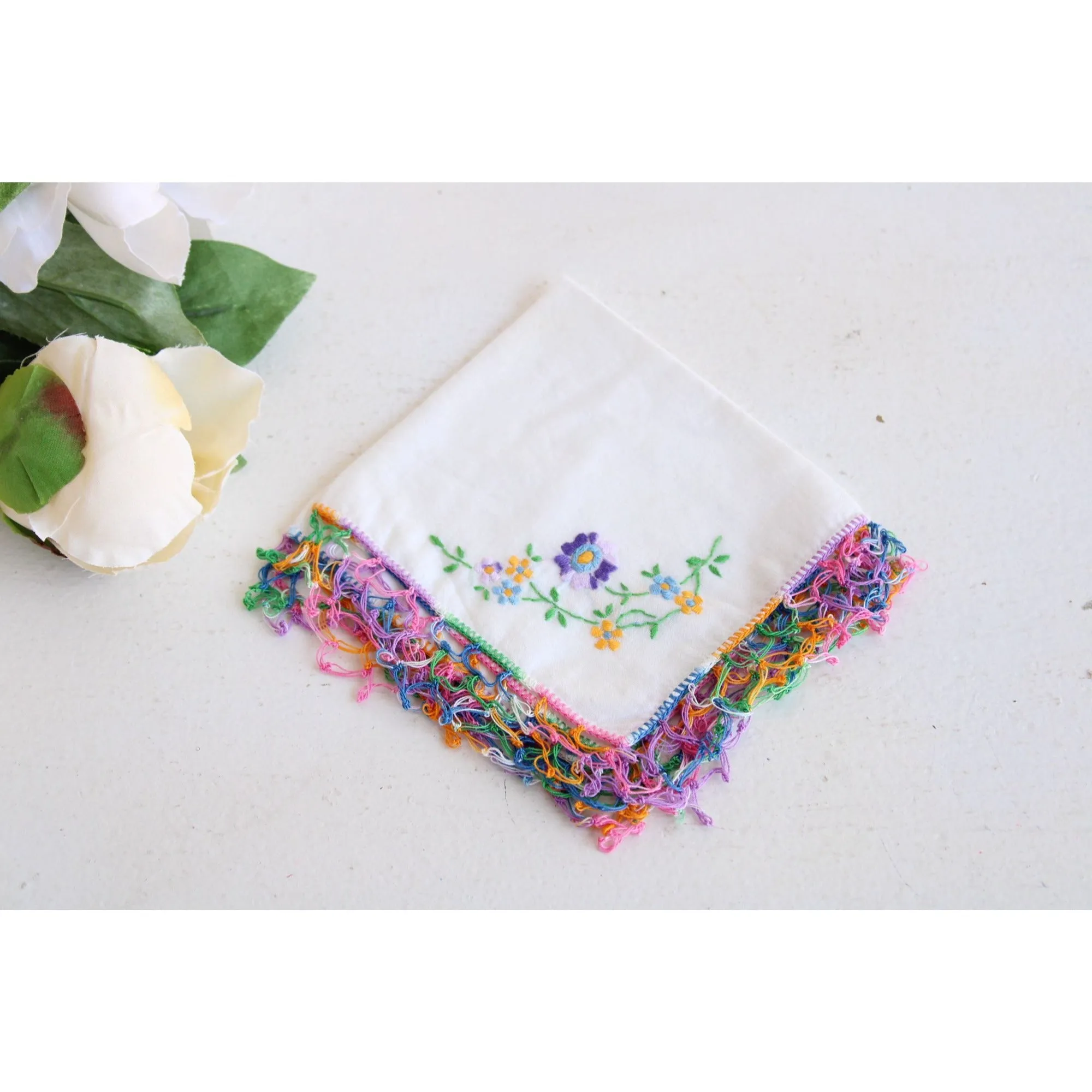 Vintage 1960s White Linen With Rainbow Crochet Trim and Embroidered Flowers Hanky
