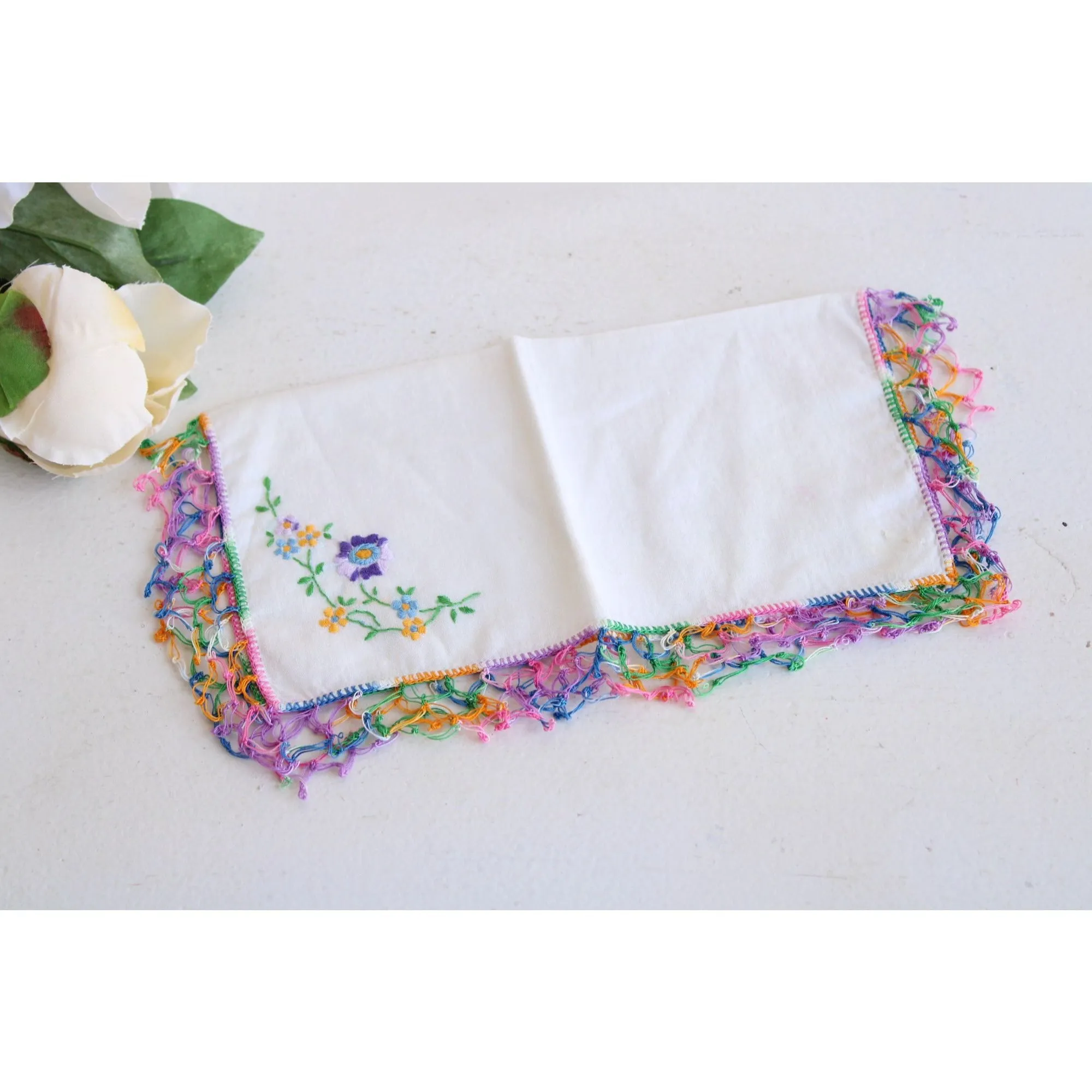 Vintage 1960s White Linen With Rainbow Crochet Trim and Embroidered Flowers Hanky