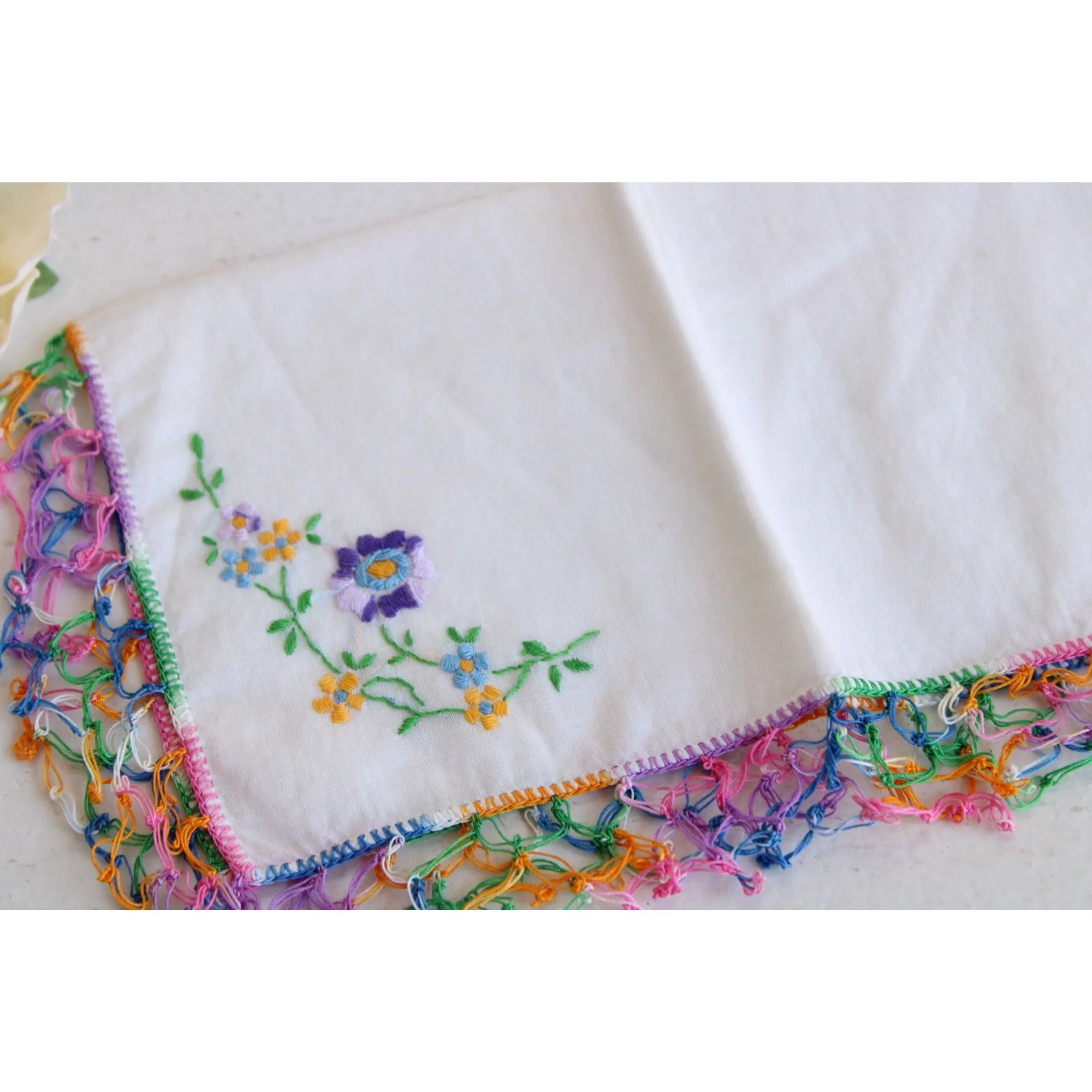 Vintage 1960s White Linen With Rainbow Crochet Trim and Embroidered Flowers Hanky