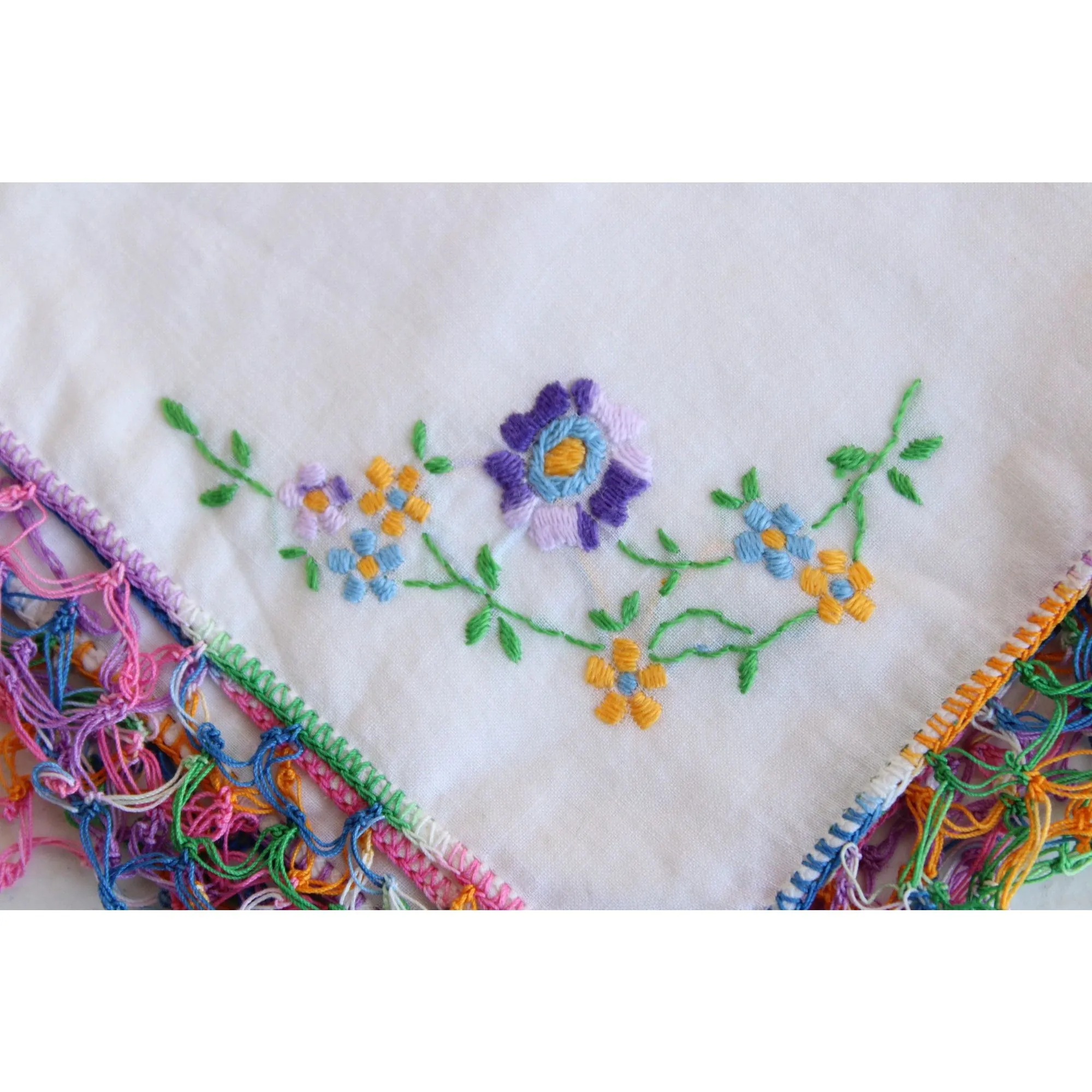 Vintage 1960s White Linen With Rainbow Crochet Trim and Embroidered Flowers Hanky