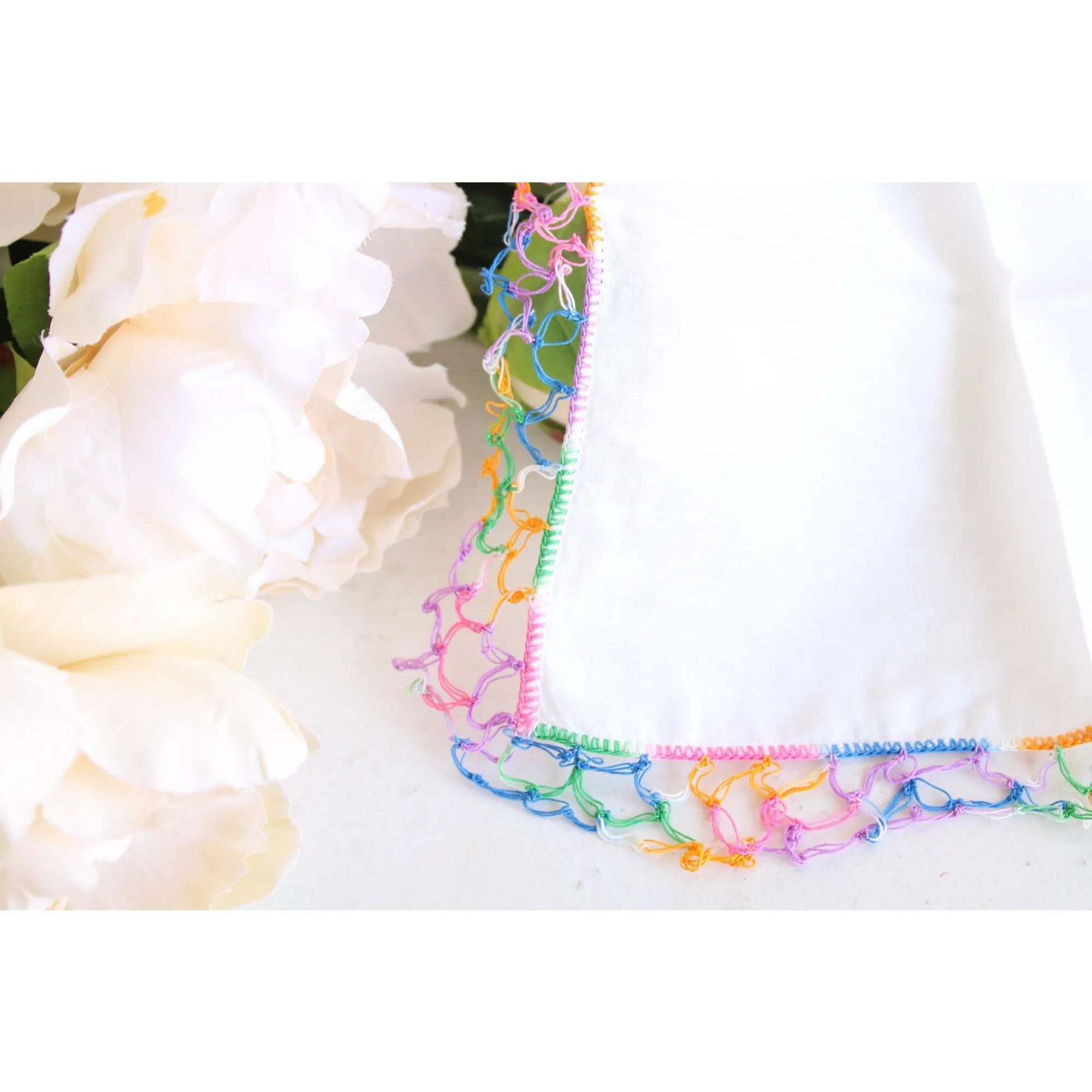 Vintage 1960s White Linen With Rainbow Crochet Trim and Embroidered Flowers Hanky