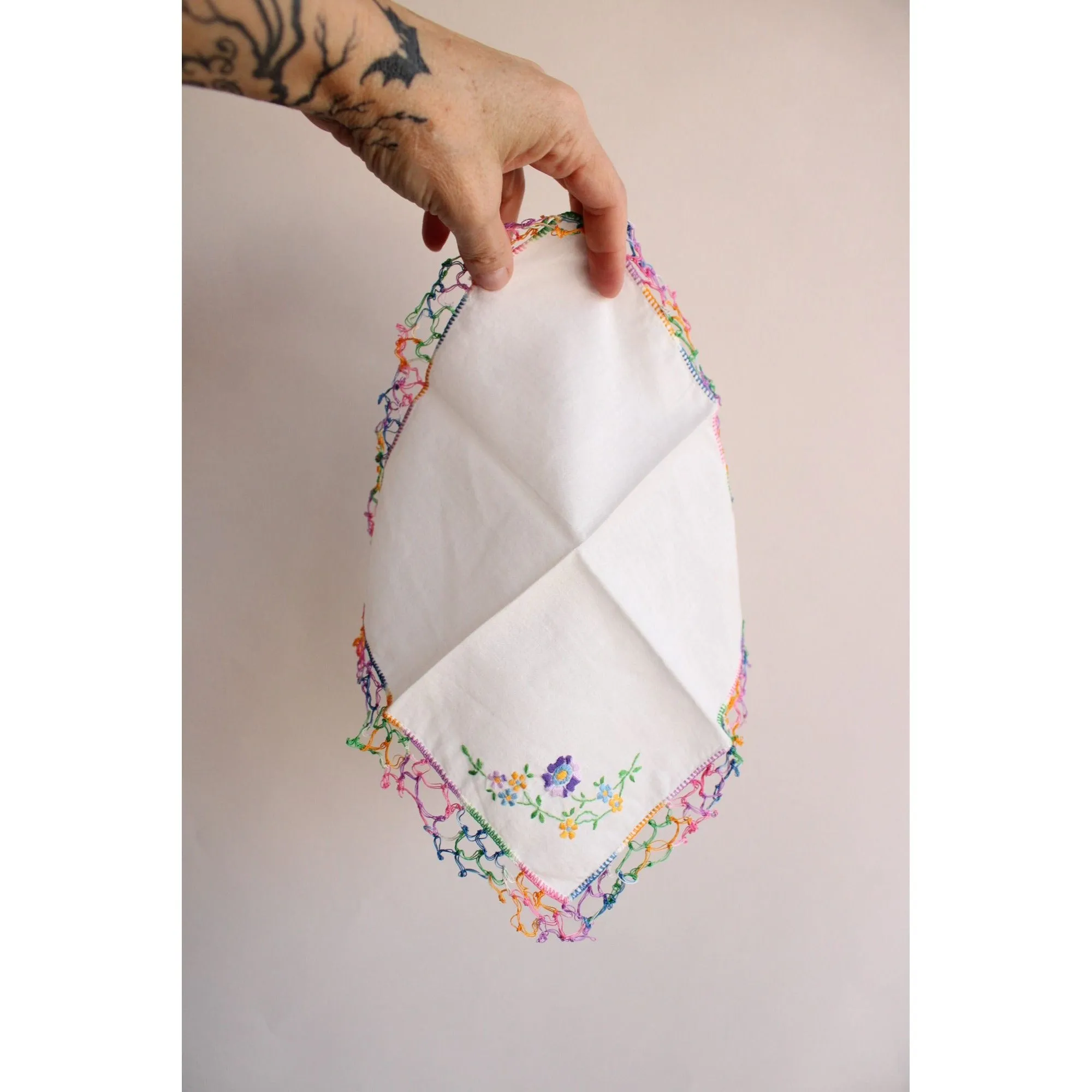 Vintage 1960s White Linen With Rainbow Crochet Trim and Embroidered Flowers Hanky