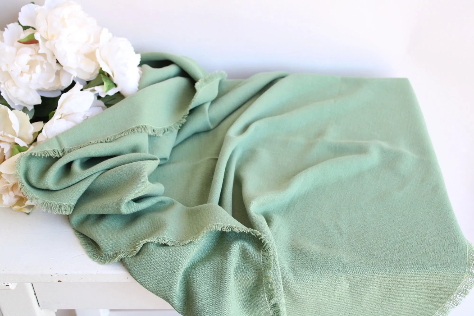 Vintage 1970s 1980s Sage Green with Fringe Trim Tablecloth