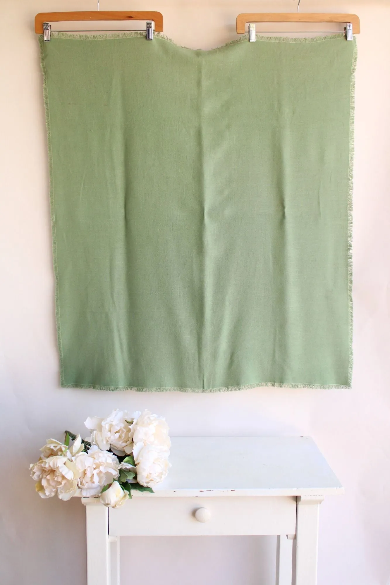 Vintage 1970s 1980s Sage Green with Fringe Trim Tablecloth