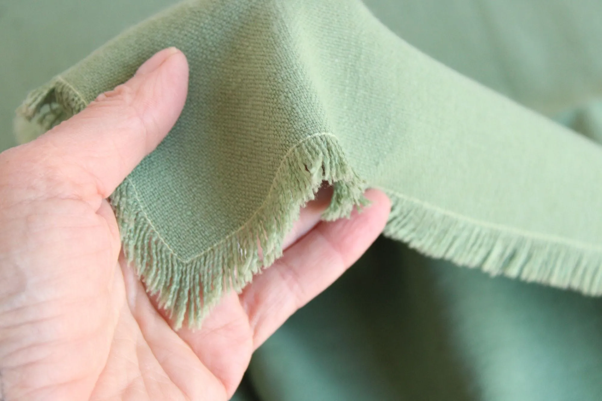 Vintage 1970s 1980s Sage Green with Fringe Trim Tablecloth