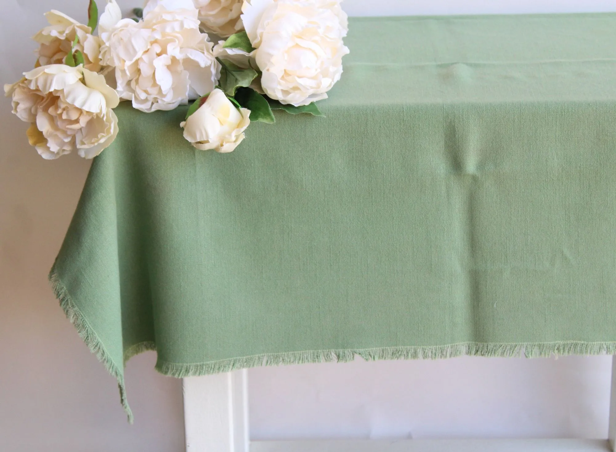 Vintage 1970s 1980s Sage Green with Fringe Trim Tablecloth