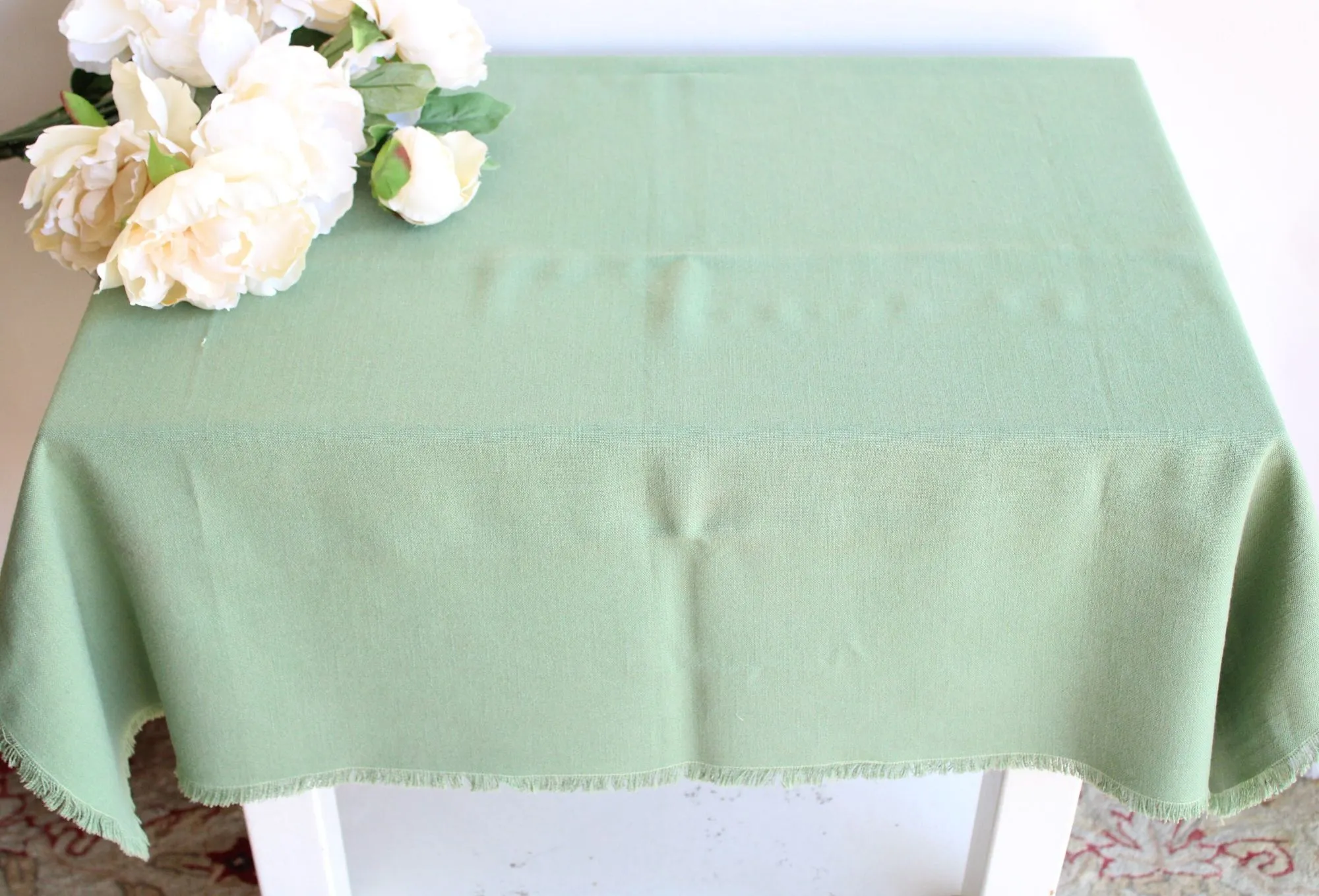 Vintage 1970s 1980s Sage Green with Fringe Trim Tablecloth