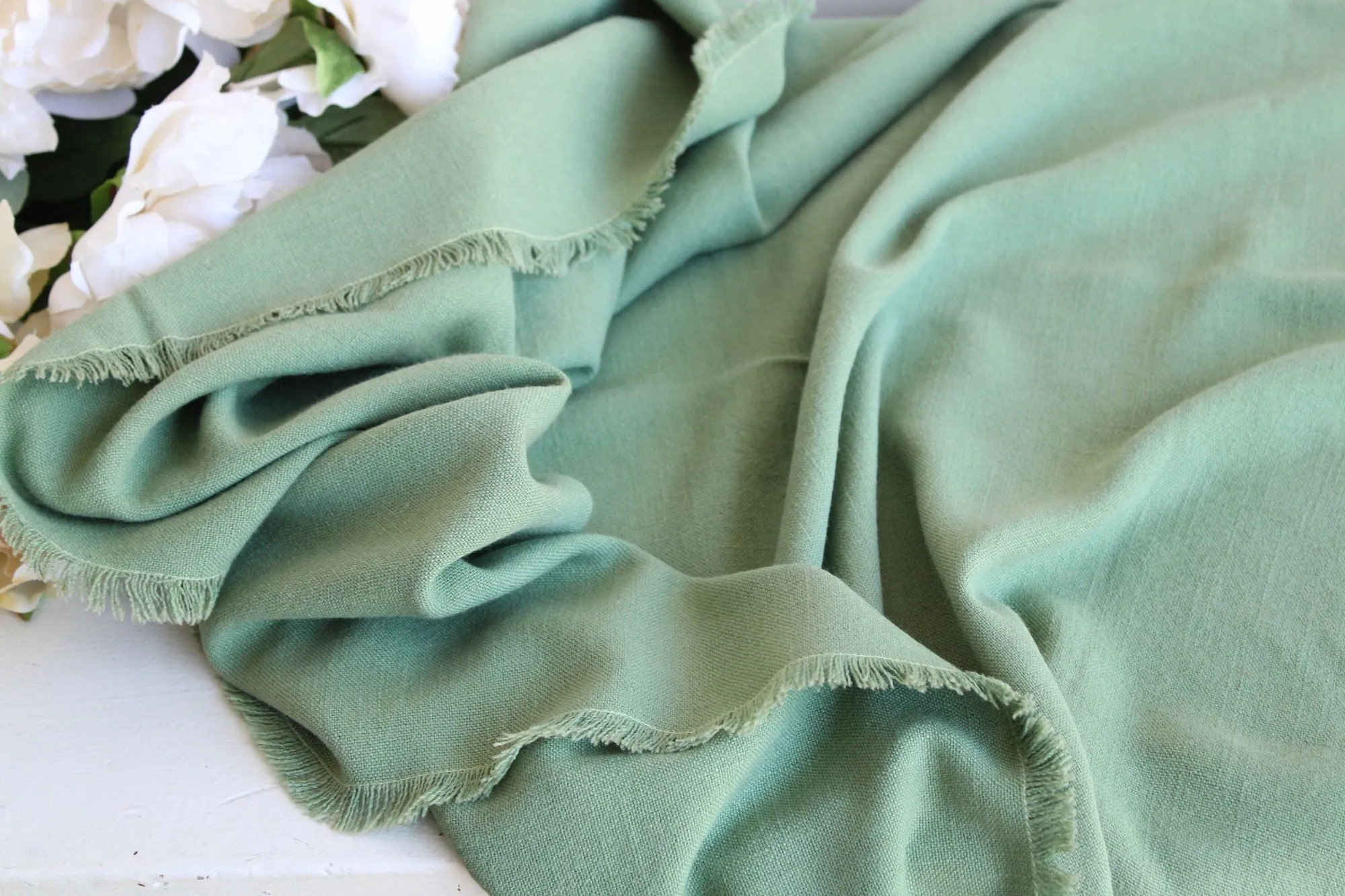 Vintage 1970s 1980s Sage Green with Fringe Trim Tablecloth