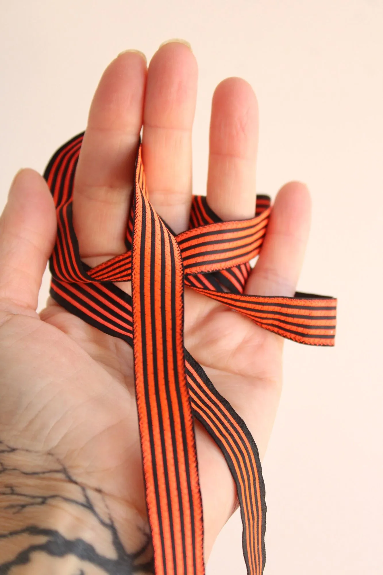 Vintage 1970s Ribbon Trim, Orange and Black Stripe 5/8", 3 Yards