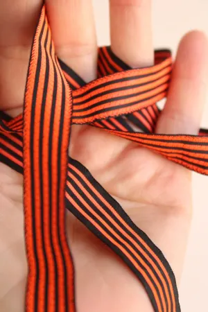 Vintage 1970s Ribbon Trim, Orange and Black Stripe 5/8", 3 Yards