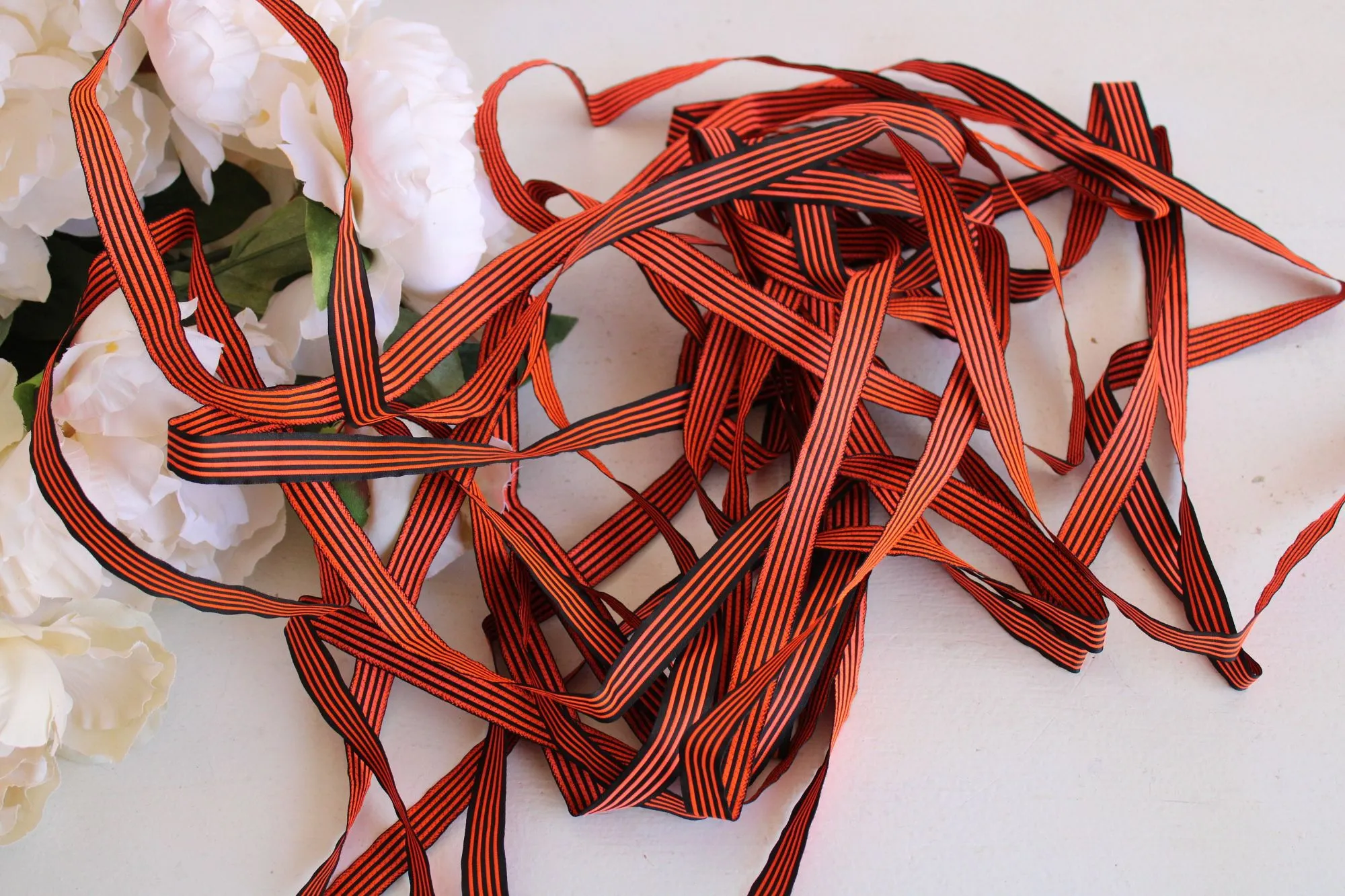 Vintage 1970s Ribbon Trim, Orange and Black Stripe 5/8", 3 Yards