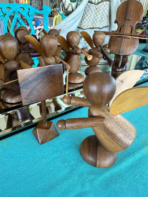 Vintage Angel Band Figurine Set, Teak Wood, Mid Century Modern