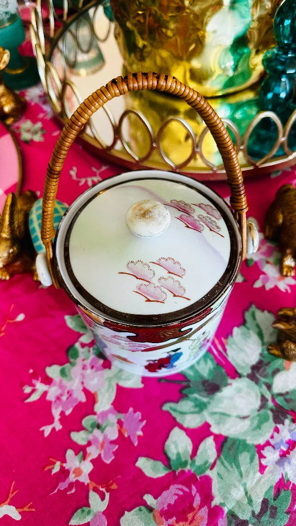 Vintage Biscuit Jar, Japanese Porcelain Basket Weave Handle, Lidded, Slight Paint Loss