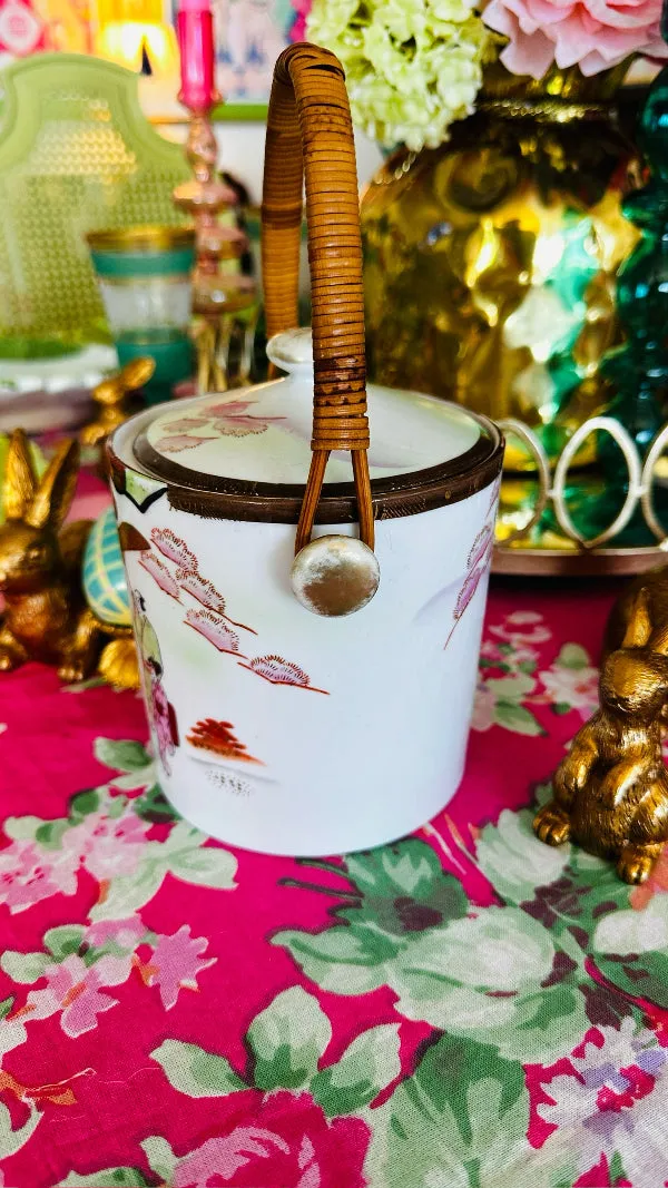 Vintage Biscuit Jar, Japanese Porcelain Basket Weave Handle, Lidded, Slight Paint Loss